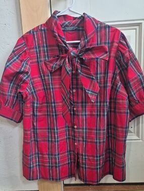 Vineyard Vines Red Plaid Button-Down Bow Blouse